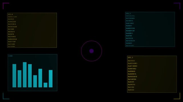 Digital data visualization interface overlay featuring looping charts and code blocks on a black background