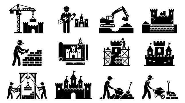 Construction workers building a castle.
