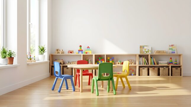 Modern Preschool Classroom Interior with Colorful Chairs, Educational Toys, and Natural Sunlight