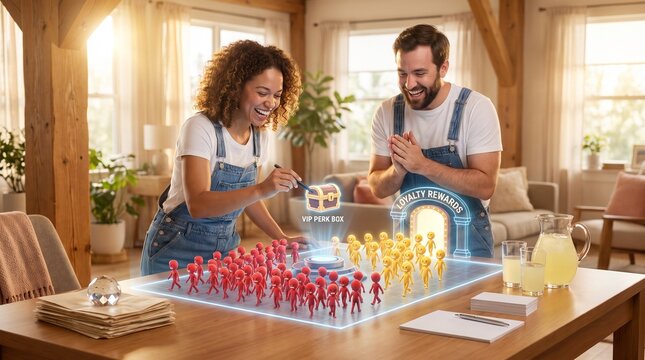 Happy couple interacting with augmented reality hologram simulation on table