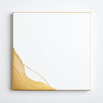 Minimalist gold wall art with flowing textured corner on white square canvas, creating elegant contemporary interior design accent with generous copy space