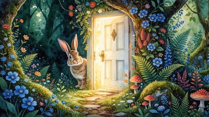 Fototapeta premium Curious rabbit peeks from rich forest near glowing door. Whimsical nature scene with vibrant flora and enchanting details invites exploration and discovery. Magical doorway promises adventure.