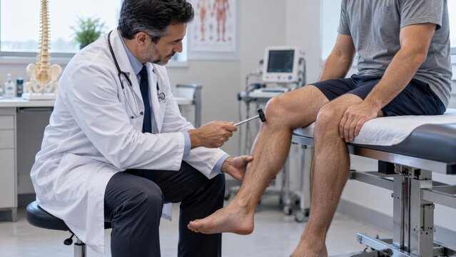Male doctor performing neurological reflex test on patient knee with reflex hammer in medical office.