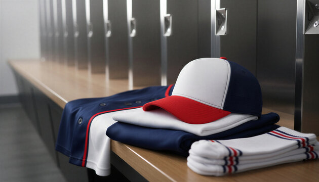 Baseball cap with team uniform feeling sporty on a wooden bench in a locker room