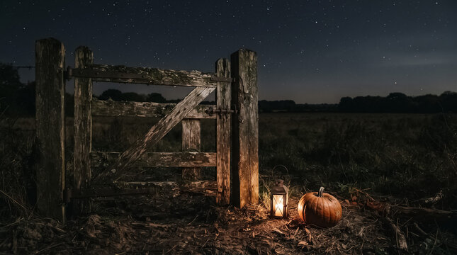 Spooky night countryside scene with pumpkin and glowing lantern by a wooden gate under starry sky for Halloween