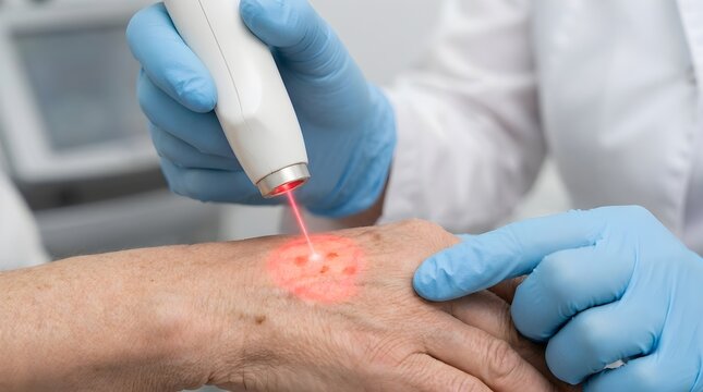 Professional dermatologist performing laser treatment on a senior patient's hand for age spot removal