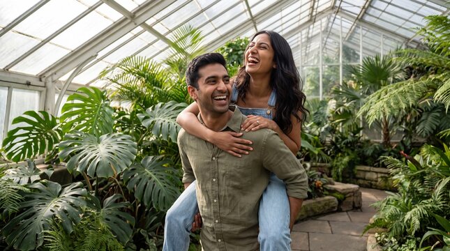 Playful young Indian couple laughing while man gives piggyback ride in lush botanical greenhouse.