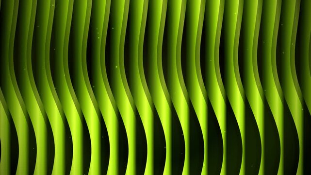 Waving green vertical curtains with soft lighting and particles