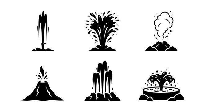 Volcano Eruption and Water Fountain Icons Set, Geyser and Splash Vector Graphics