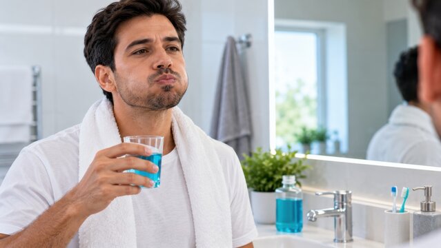 Man rinsing mouth with blue liquid in glass, oral hygiene routine for fresh breath and healthy teeth.