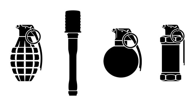 Military Grenade Icons, Combat Explosive Symbols, Vector Set