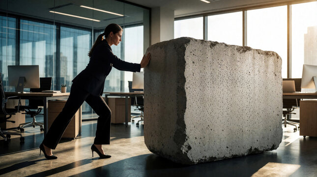 Determined woman in suit pushes large concrete block across office floor. She overcomes great challenge, symbolizing business struggle and goal achievement. Represents strength and dedication.