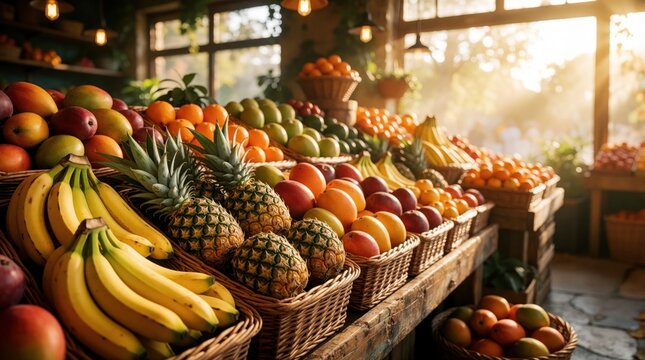 Abundant fresh fruit piled high in baskets at farmers market stand. Bananas pineapples mangoes oranges lemons grapes and apples illuminated by soft sun rays.