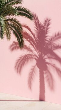 Palm tree leaves cast shadows on a pastel pink wall. The tropical foliage creates a natural pattern on the textured surface. Light and shadow play creates a serene summer scene.