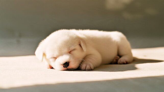 A white newborn puppy sleeping peacefully in the light