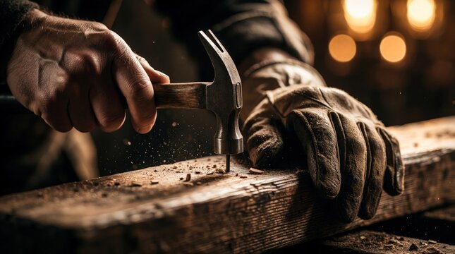 Close up of male hands using steel hammer to hit nail into timber beam. Carpenter works in dark woodworking workshop. Wood dust flies from surface during manual labor. Skilled craftsman performs