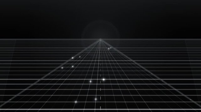 Abstract looping wireframe grid overlay with perspective lines and scattered glowing points on a black background.