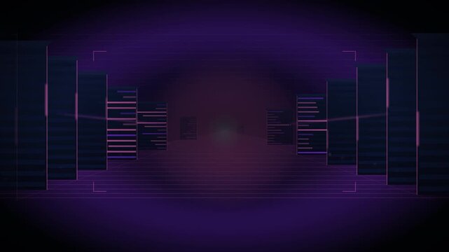Camera Flying Through A Dark Server Room Corridor With Blinking Rack Lights And Empty Center Space