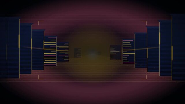 Camera Flying Through A Dark Server Room Corridor With Blinking Rack Lights And Empty Center Space
