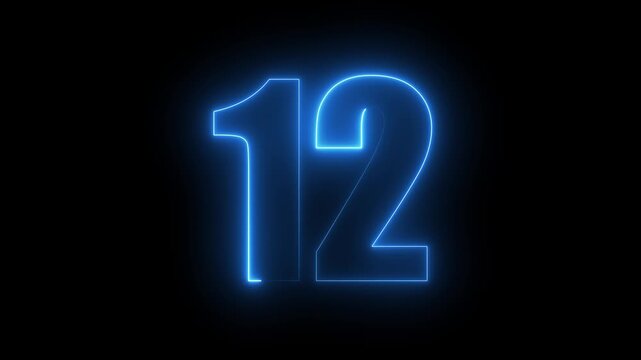 Neon blue glowing number 12 countdown timer on black background, twelve