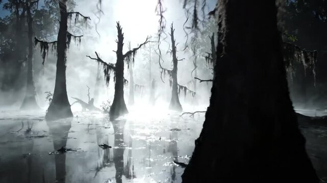 Cinematic view of misty cypress swamp at night