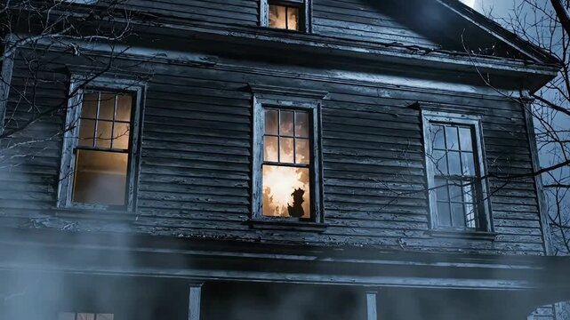 Spooky old weathered wooden house at night with dense ground fog, a bright full moon, and mysterious glowing orange firelight inside the windows.