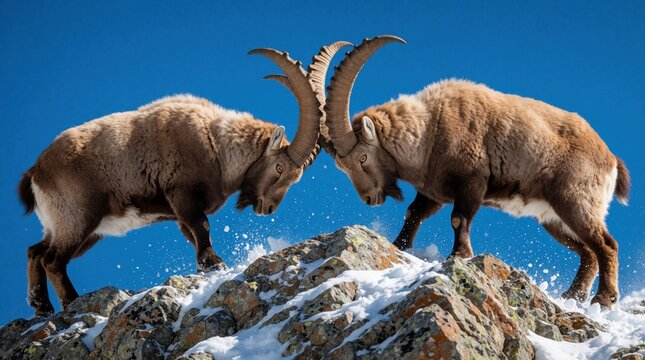 Two wild ibex rams lock horns in intense fight on snowy mountain peak. Powerful male animals compete for dominance during mating season. Large curved horns collide under bright blue sky. Majestic