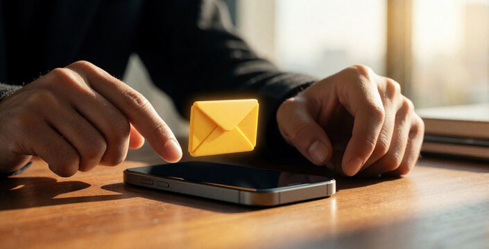 Person checks email on smartphone with yellow envelope icon. Digital message received via mobile device. Online communication and notification concept. Modern tech connection.
