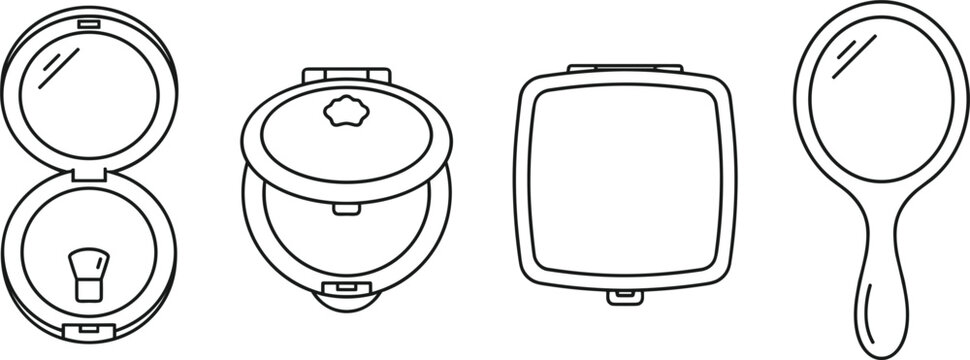 Compact mirror and makeup powder cases line art icon set isolated on plain white background template