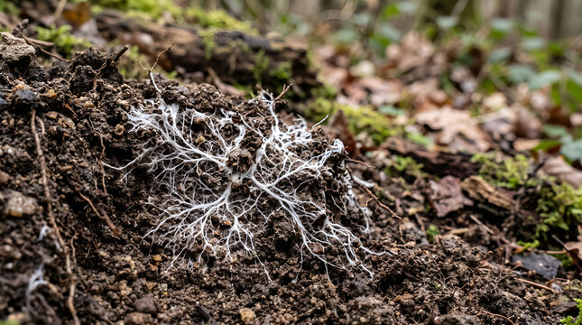 Fungal mycoremediation concept showing mycelium interacting with degraded soil, suitable for environmental science, soil restoration, biotechnology, and sustainability campaigns.