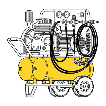 Portable Industrial Air Compressor with Yellow Tank and Pressure Gauges - Vector Illustration of Pneumatic Power Tool Equipment
