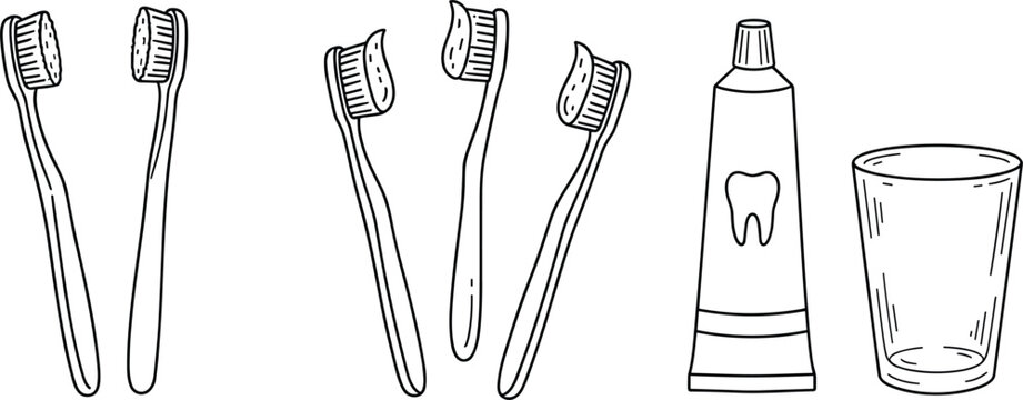 Hand drawn doodle vector graphics of manual toothbrushes with toothpaste cream tube and bathroom glass tumbler