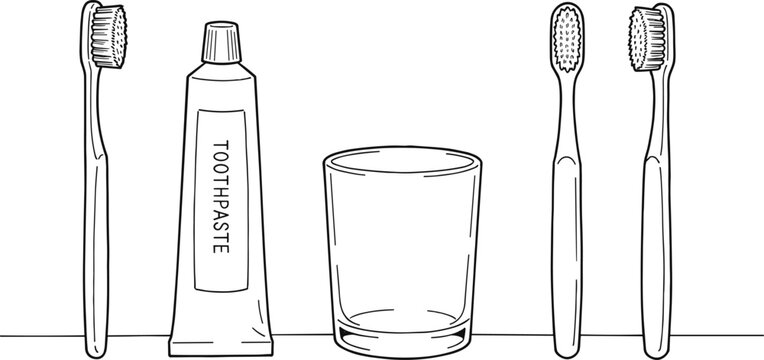 Line art vector illustration of bathroom oral hygiene tools with toothbrushes a toothpaste tube and glass cup