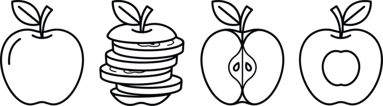Minimal black line vector icon row displaying whole apple stacked horizontal slices vertical half and hollow core