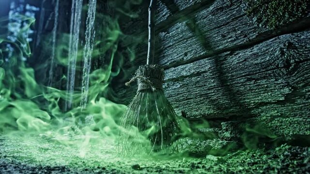 Witch broom standing against wooden wall with green magic smoke mist