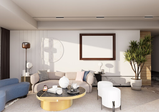 Modern Luxury Living Room Interior with Blank Wooden Frame Mockup, Beige Curved Sofa and Golden Hour Natural Light
