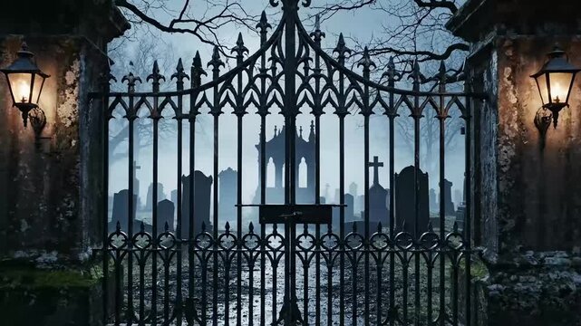Cinematic view of an ornate gothic iron gate at a spooky cemetery at night with thick blue fog, glowing lanterns, and silhouetted tombstones.