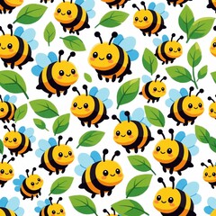 Fototapeta premium Cute cartoon bees and green leaves create a seamless pattern perfect for children projects. These happy insects and foliage repeat for fabric, wallpaper, or graphic design use.