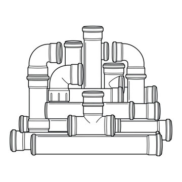 Plumbing Pipes and Fittings Line Art Illustration - PVC Sanitation and Drainage System Components