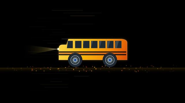 Yellow school bus driving fast on dark road with lights