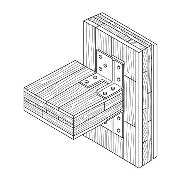 Technical Vector Illustration of Cross Laminated Timber Connection with Metal Angle Brackets and Screws for Mass Timber Construction