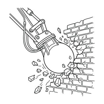 Wrecking Ball Smashing Through Brick Wall Illustration, Demolition Line Art for Coloring Book, Breakthrough and Construction Concept