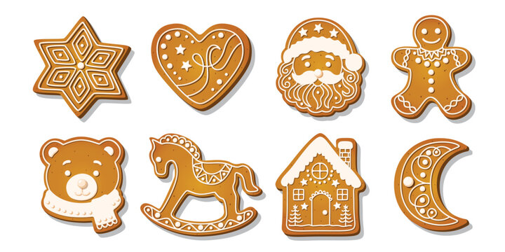 Christmas Gingerbread cookies for xmas celebration. Winter homemade biscuits with sweet icing details in festive shapes isolated on white background. Festive decoration vector illustration.