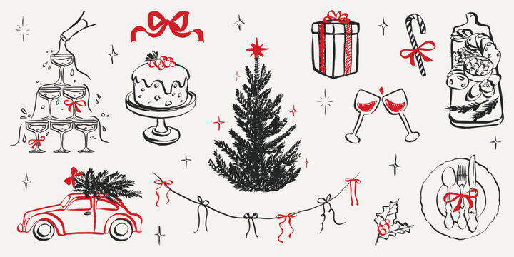 Whimsical chalk doodles of Christmas party. Quirky icons of breakfast and dinner meals in crayon style. Crayon drawing for menus and invitations. La dolce vita hand drawn sketches.