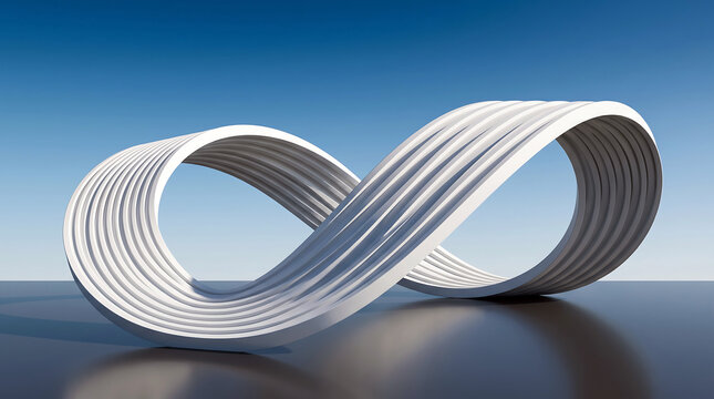Abstract white infinity loop sculpture standing against clear blue sky background minimalist