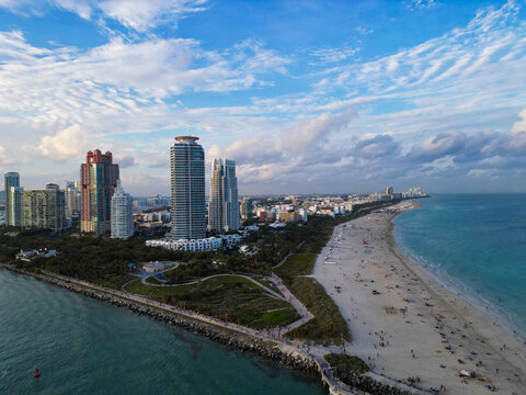 Miami Beach skyline aerial view. Miami city from drone. Tropical Miami scene. Miami district sky view. Famous oceanfront. Panoramic coastline. South beach panorama view. Summer travel in Florida.
