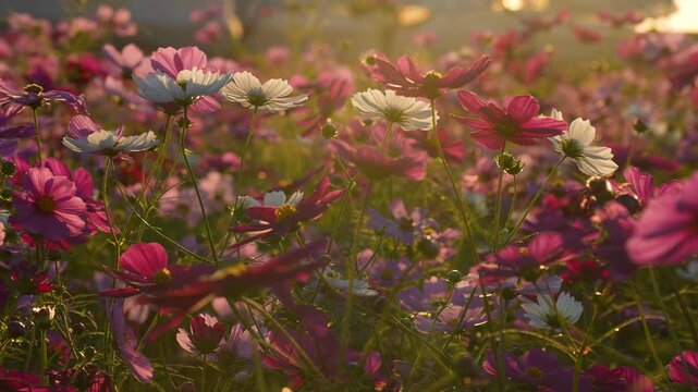 夕方のコスモス畑を逆光で撮影した4Kスローモーション動画