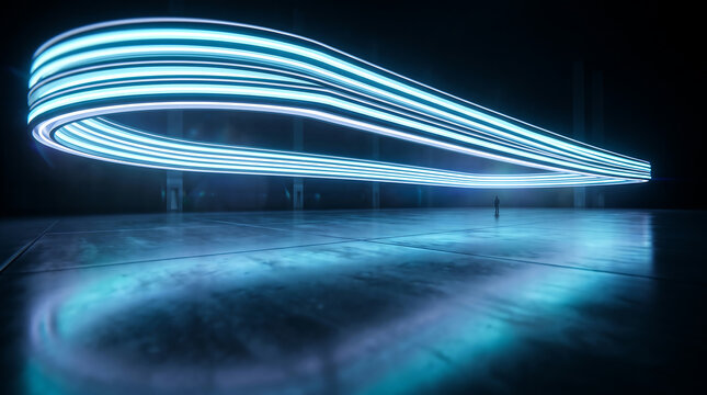 Minimalist human figure standing beneath glowing abstract neon loop structure inside dark