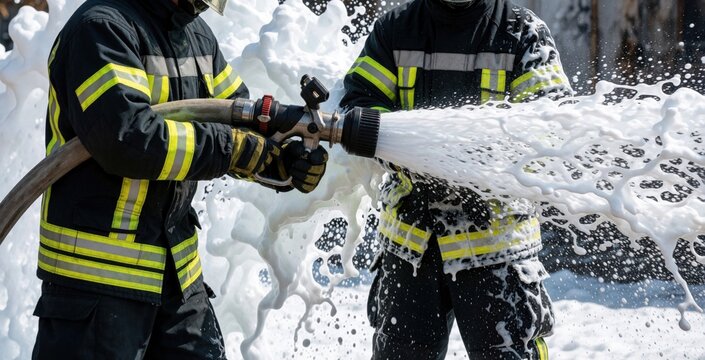 Firefighters in uniform spray foam from hose nozzle to extinguish blaze. Rescue workers use special agents for fire control during emergency situation.
