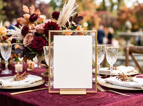 Elegant autumn wedding table featuring a blank gold framed table number mockup, burgundy linens, floral arrangements, and candles